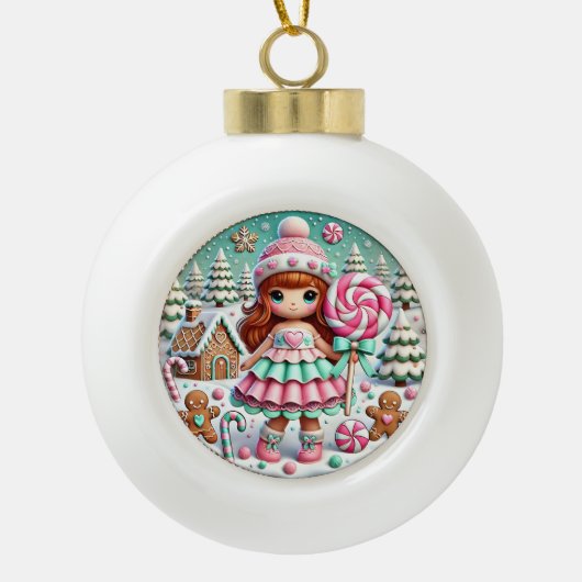Sweet Winter Christmas Feestelijk Meisje Snoep Keramische Bal Ornament (Voorkant)