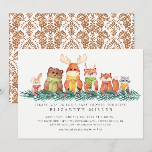 Sweet Winter Woodland Animals Baby shower Kaart (Voorkant / Achterkant)