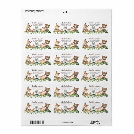 Sweet Woodland Animals Baby shower Adres Label (Full Sheet)