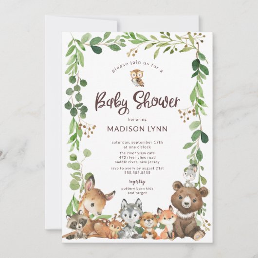 Sweet Woodland Animals Baby Shower Invitation Kaart (Voorkant)