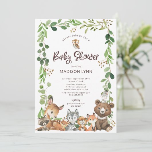 Sweet Woodland Animals Baby Shower Invitation Kaart (Staand voorkant)