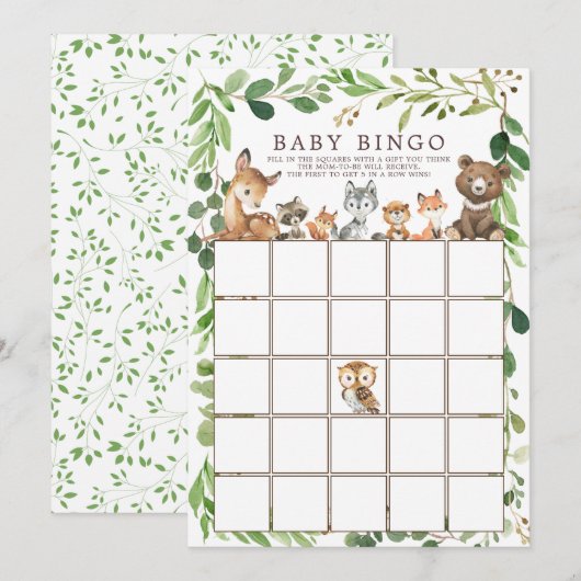 Sweet Woodland Animals BINGO Baby shower Game Kaart (Voorkant / Achterkant)