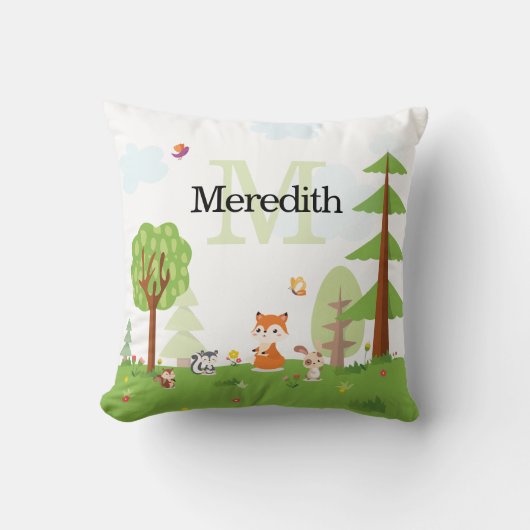 Sweet Woodland Animals Green Monogram Kinder Kussen (Voorkant)