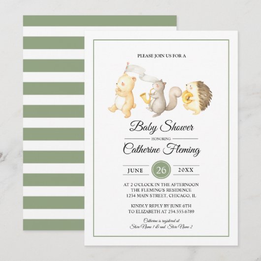 Sweet Woodland Animals Light Green Baby shower Kaart (Voorkant / Achterkant)