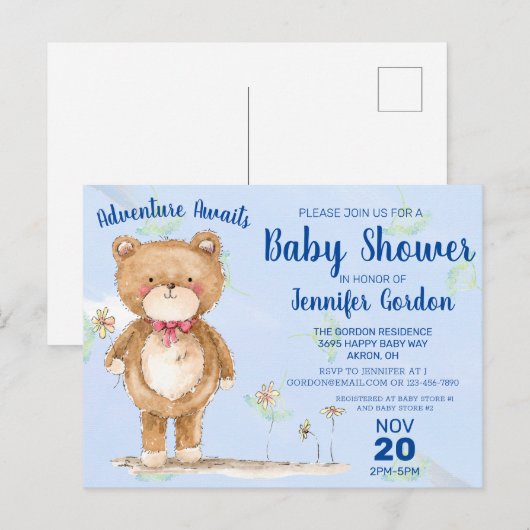 Sweet Woodland Beer Blue Baby shower Uitnodiging Briefkaart (Voorkant / Achterkant)