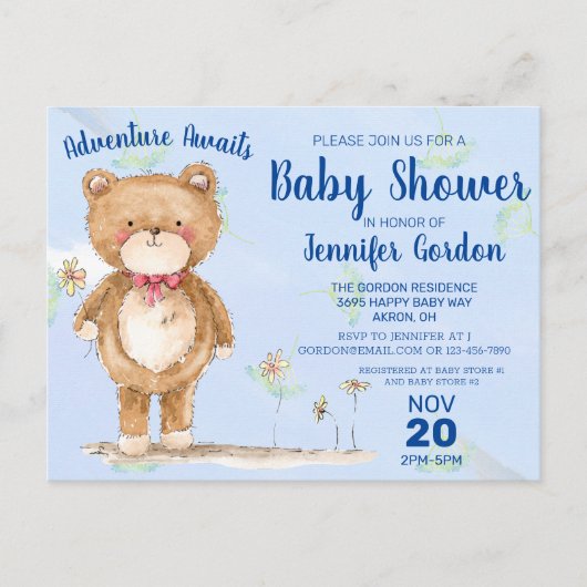 Sweet Woodland Beer Blue Baby shower Uitnodiging Briefkaart (Voorkant)
