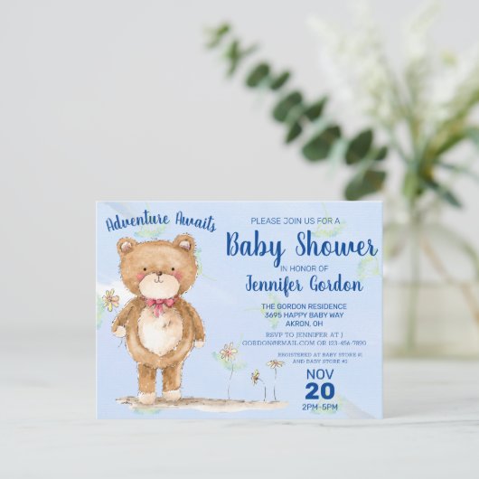 Sweet Woodland Beer Blue Baby shower Uitnodiging Briefkaart (Staand voorkant)