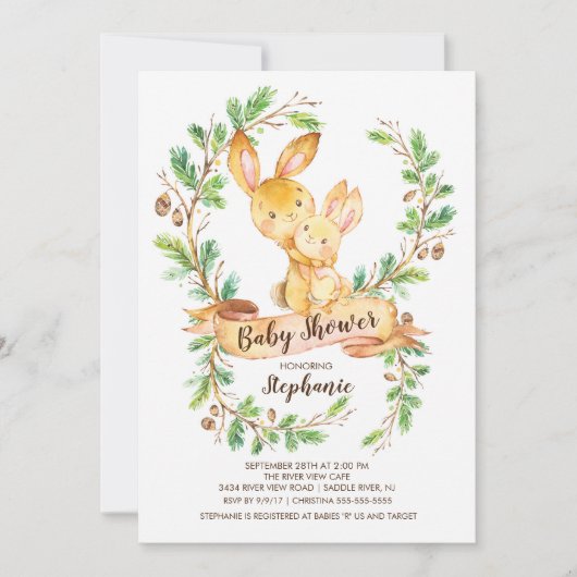 Sweet Woodland Bunny Baby shower Invitation Kaart (Voorkant)