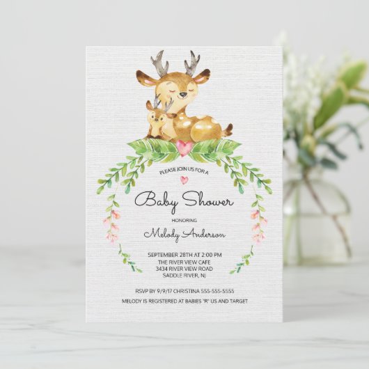 Sweet Woodland Deer Baby shower Invitation Kaart (Staand voorkant)