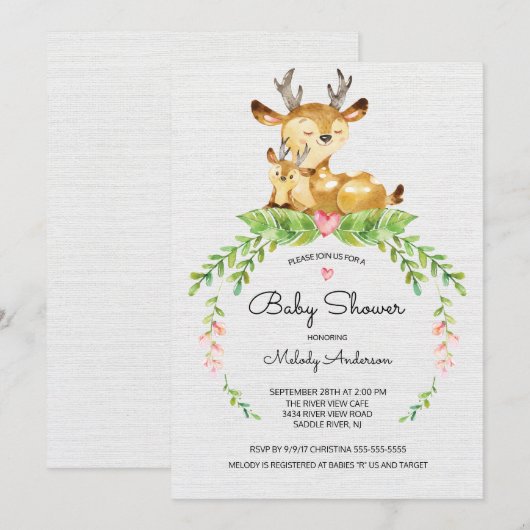 Sweet Woodland Deer Baby shower Invitation Kaart (Voorkant / Achterkant)
