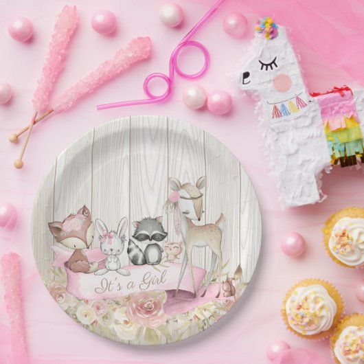 Sweet Woodland Dier Meisje Baby shower Papieren Bordje (Feest)