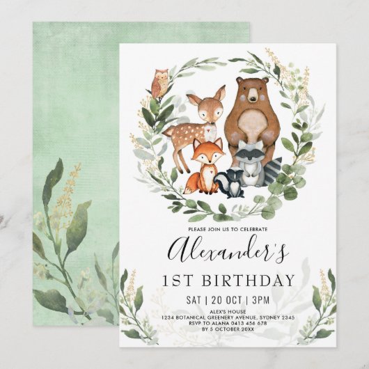 Sweet Woodland Forest Animals 1st Birthday Boy Kaart (Voorkant / Achterkant)