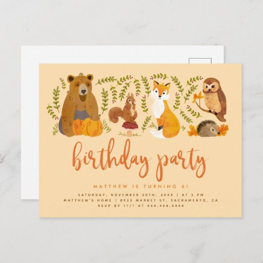 Sweet Woodland Forest Animals Pumpkin Birthday Uitnodiging Briefkaart (Voorkant / Achterkant)