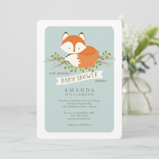 Sweet Woodland Fox Baby shower Invitation Kaart (Staand voorkant)
