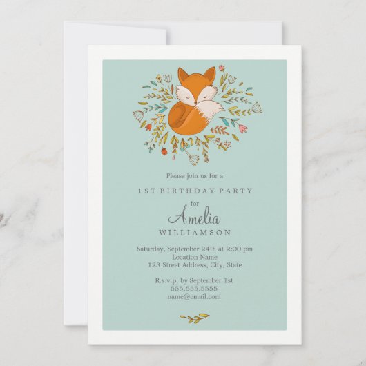 Sweet Woodland Fox eerste verjaardag uitnodiging (Voorkant)