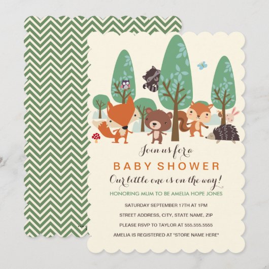Sweet Woodland Friends Baby shower uitnodigen Kaart (Voorkant / Achterkant)