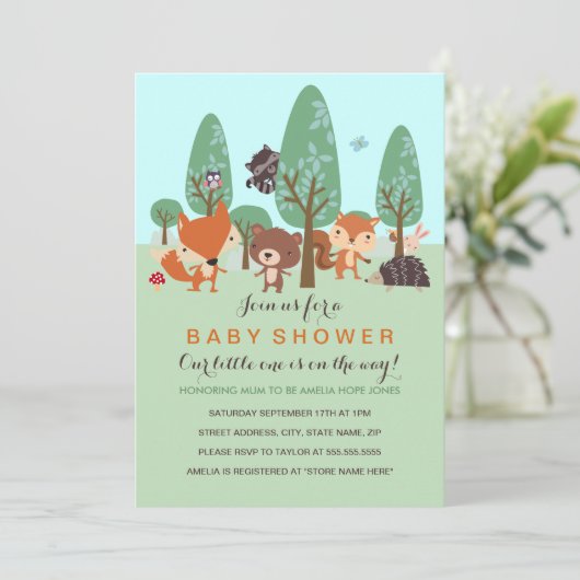 Sweet Woodland Friends Baby shower uitnodigen Kaart (Staand voorkant)