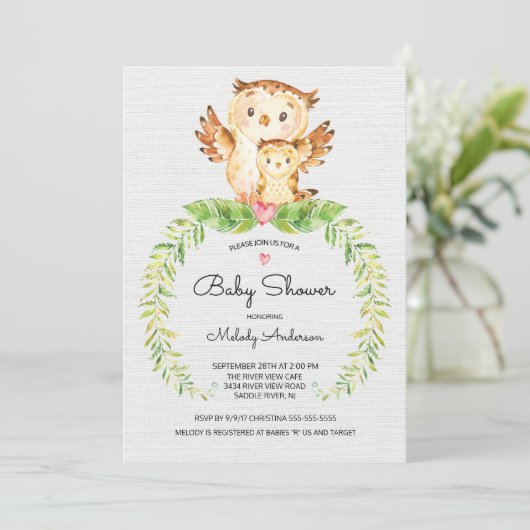 Sweet Woodland Owl Baby shower Invitation Kaart (Staand voorkant)