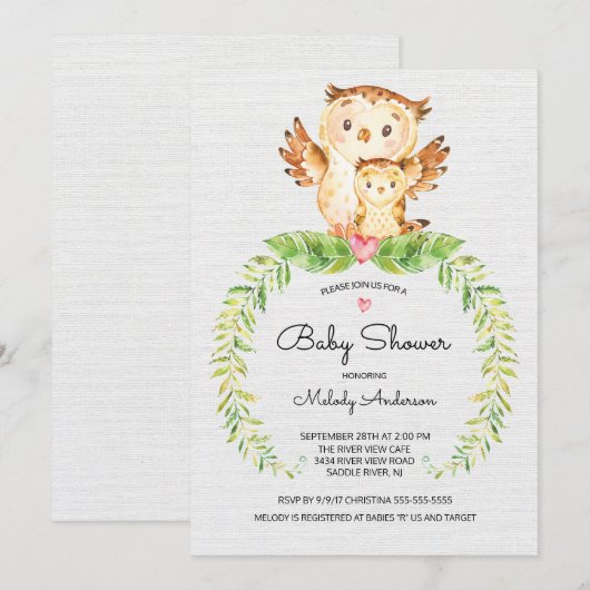 Sweet Woodland Owl Baby shower Invitation Kaart (Voorkant / Achterkant)