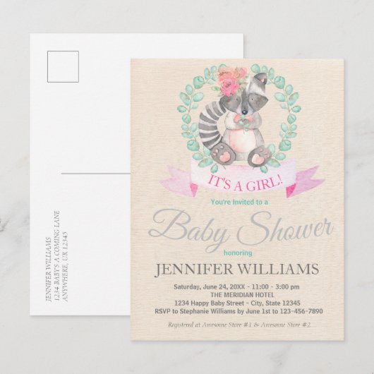 Sweet Woodland Raccoon Floral Boho Baby shower Uitnodiging Briefkaart (Voorkant / Achterkant)
