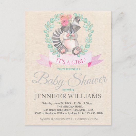 Sweet Woodland Raccoon Floral Boho Baby shower Uitnodiging Briefkaart (Voorkant)