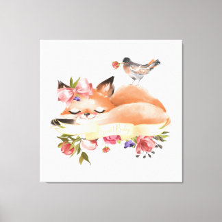 Sweet Woodlands Baby Fox Floral Canvas Afdruk