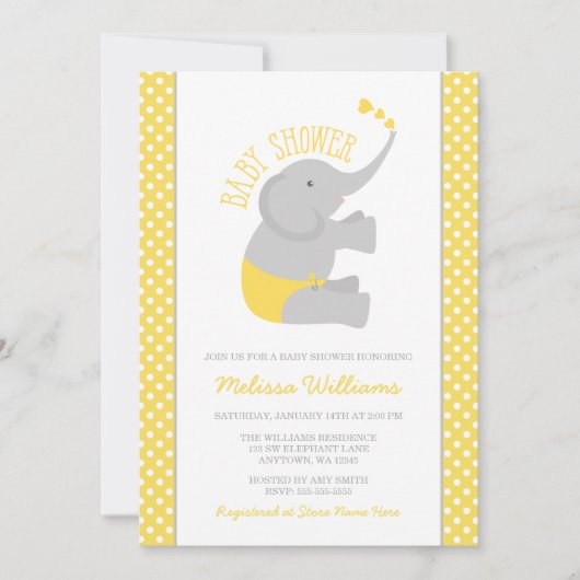 Sweet Yellow Grey Elephant Baby Shower Invitations Kaart (Voorkant)