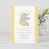 Sweet Yellow Grey Elephant Baby Shower Invitations Kaart (Staand voorkant)