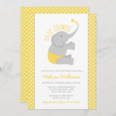 Sweet Yellow Grey Elephant Baby Shower Invitations Kaart (Voorkant / Achterkant)