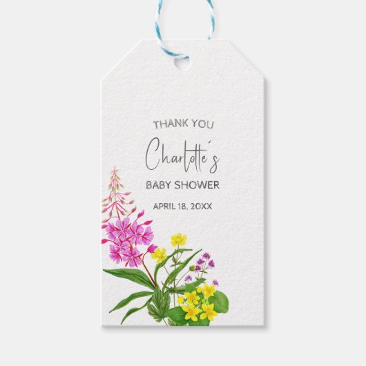 Sweet Yellow Pink Wildflower Script Baby shower Cadeaulabel (Voorkant)