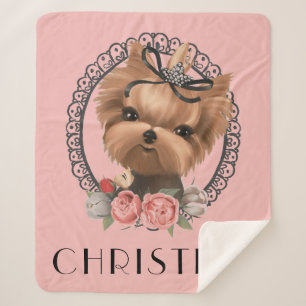 Sweet Yorkie Puppy Pink Floral Girly Sherpa Deken