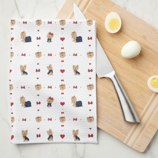 Sweet Yorkies Bows Hearts White Theedoek (Quarter Fold)