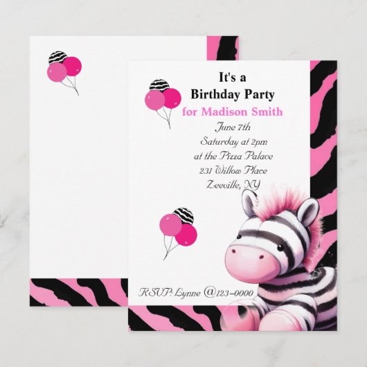 Sweet Zebra verjaardagsuitnodiging Kaart (Voorkant / Achterkant)