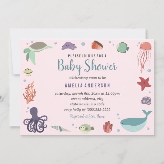 Sweet Zee Creaters Coral Baby shower Invitation Kaart (Voorkant)