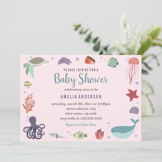 Sweet Zee Creaters Coral Baby shower Invitation Kaart (Staand voorkant)