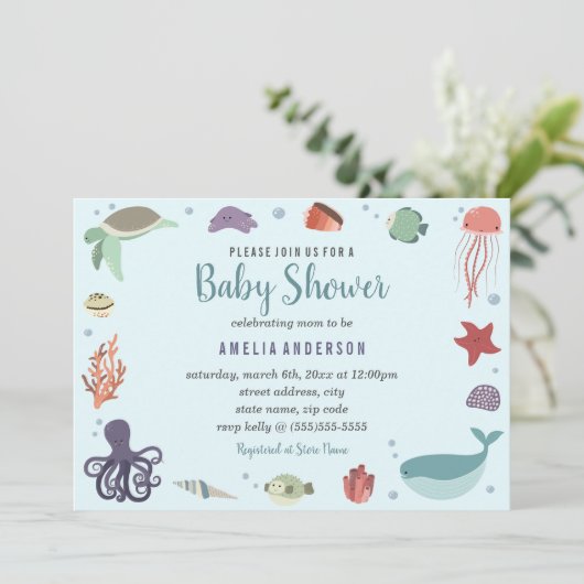 Sweet Zee Creatures Coral Blue Baby shower Kaart (Staand voorkant)