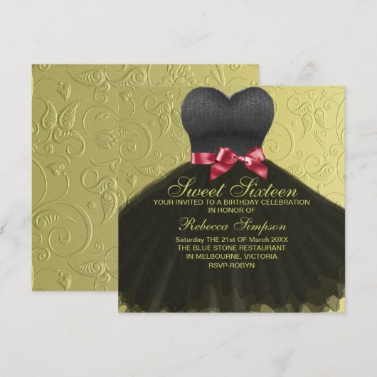 Sweet Zestien Black Dress Birthday Uitnodiging (Voorkant / Achterkant)