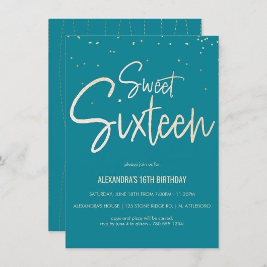 Sweet Zestien Blauwgroen en goudfeesten Kaart (Voorkant / Achterkant)