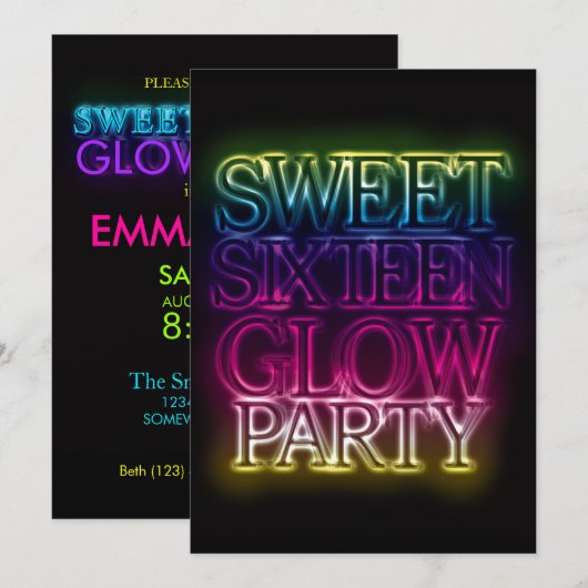 Sweet zestien GLOW-PARTIJ gloed in het donker Kaart (Voorkant / Achterkant)