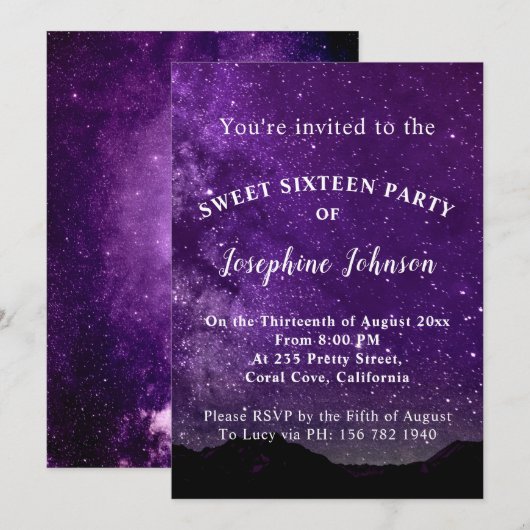 Sweet Zestien Paarse Sterren Glitter Invitation Kaart (Voorkant / Achterkant)