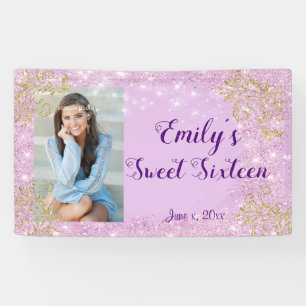 Sweet-zestien-partij, roze glitter, aangepaste ban spandoek