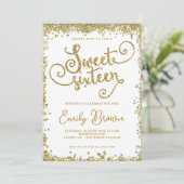 Sweet Zestien uitnodiging voor goudglitter (Staand voorkant)