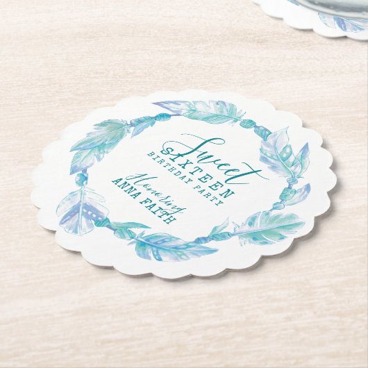 Sweet zestien verjaardagsfeest boho art aqua kartonnen onderzetters (Gekanteld)