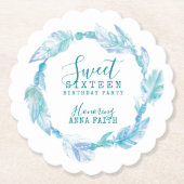Sweet zestien verjaardagsfeest boho art aqua kartonnen onderzetters (Voorkant)