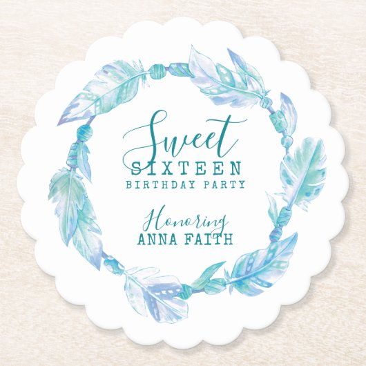 Sweet zestien verjaardagsfeest boho art aqua kartonnen onderzetters (Voorkant)