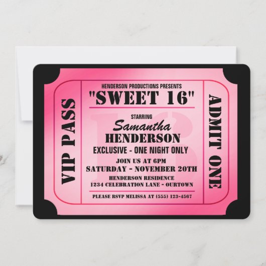 Sweet zestien VIP Ticket Style Party-uitnodigingen Kaart (Voorkant)