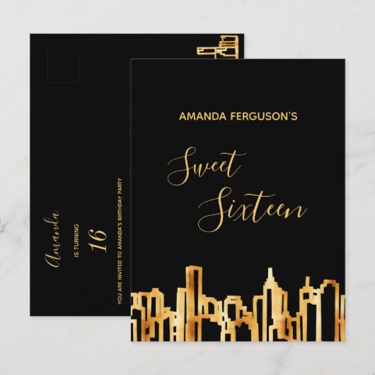 Sweet zestien zwarte skyline-uitnodigingen voor go briefkaart (Voorkant / Achterkant)