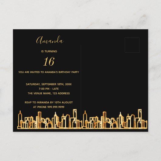 Sweet zestien zwarte skyline-uitnodigingen voor go briefkaart (Achterkant)