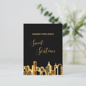 Sweet zestien zwarte skyline-uitnodigingen voor go briefkaart (Staand voorkant)