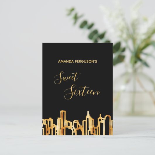 Sweet zestien zwarte skyline-uitnodigingen voor go briefkaart (Staand voorkant)